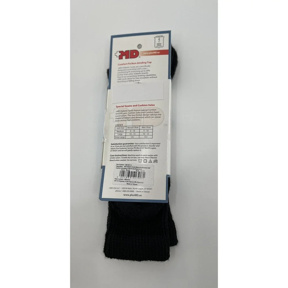 +MD PlusMD Diabetic Crew Socks‎ Black non binding seamless one pair